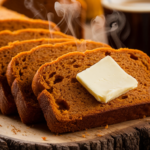 Old-fashioned pumpkin bread slice with butter