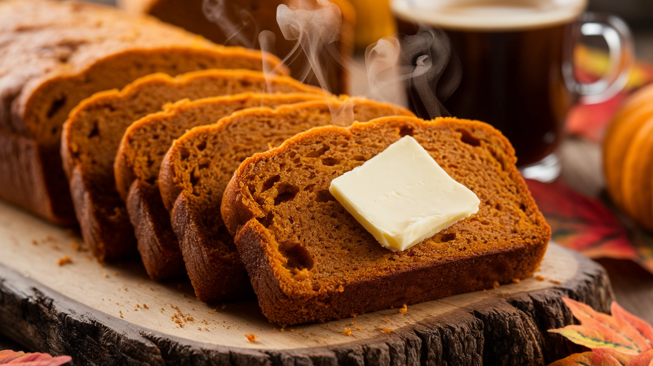 Old-fashioned pumpkin bread slice with butter